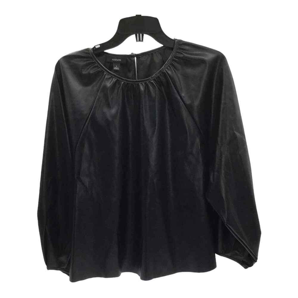 Alfani Womens S Black Faux Leather Shirred Keyhole Button Neck Top NWT